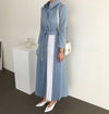 Two Tone Color Block Pleated Long Sleeve Shirt Dress