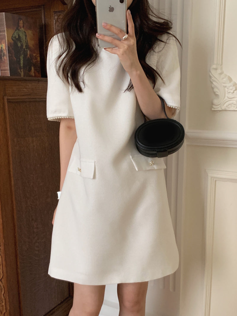 Linen Blend Textured Shift Dress with Pearly Trims