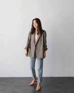 Korean Style Casual A-Line Blazer in Brown Plaids