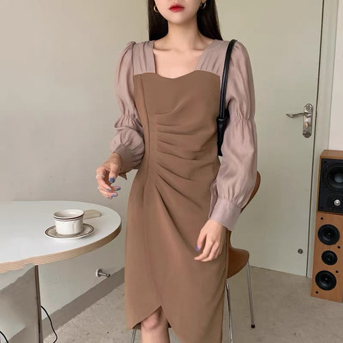 Sheer Sleeves Two Tone Ruched Dress