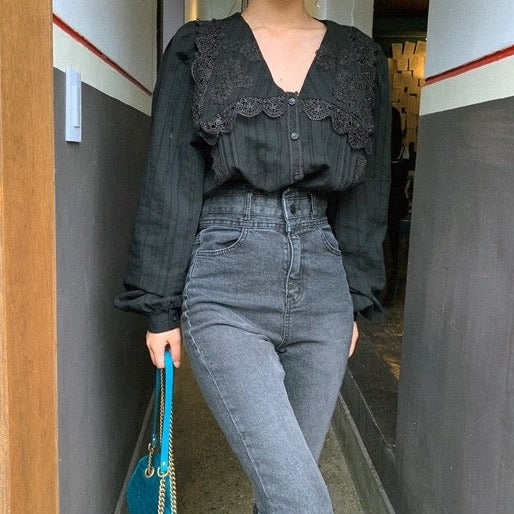 Lace Overlay Black Blouse with Oversized Collar