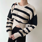 Round Neck Drop Shoulder Stripe Sweater with Gathered Waist and Slit