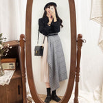 Designer Asymmetrical Half Pleated Half Checkered Midi Skirt with Blouse Set