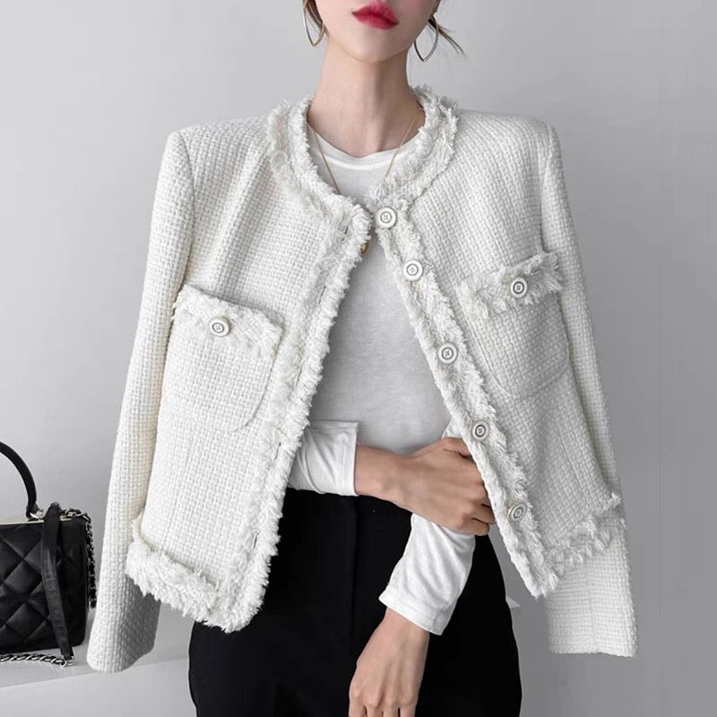 ★E.B.M★ Round neck tweed jacket EMO1WJK090 Women's Black Salt And Pepper Fringe Tweed Jacket | ME+EM