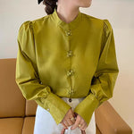 Oriental Style Long Sleeve Mock Neck Blouse with Frog Buttons