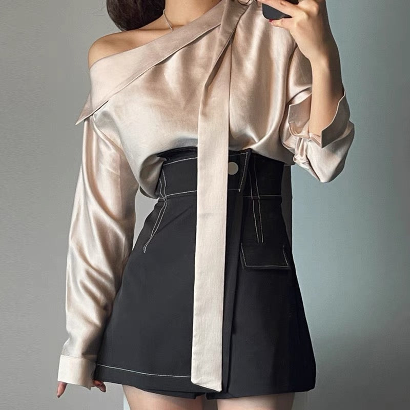 Asymmetrical Drop Shoulder Silky Blouse