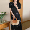 Short Sleeve V-Neck Black Chiffon Dress with Lavender Embroidery