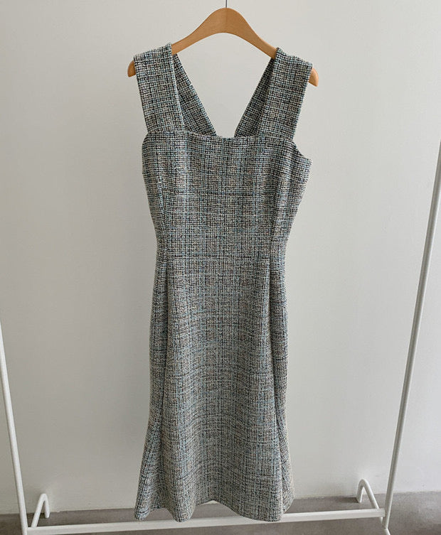 Color Tweed Midi Fishtail Strap Dress