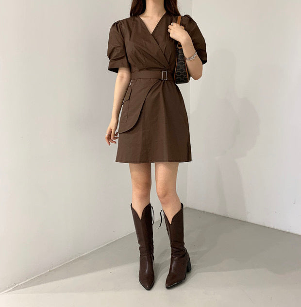 Short Sleeve Wrap Style Asymmetrical Belted Mini Dress