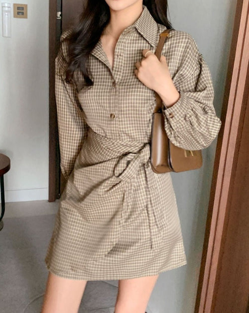 Mini Shirt Dress in Khaki Plaid