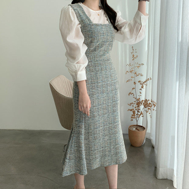 Color Tweed Midi Fishtail Strap Dress