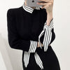 Korean Style Knit Top with Stripe Collar and Cuffs