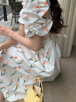 Tulip Print Short Sleeve Double V-Neck Midi Dress