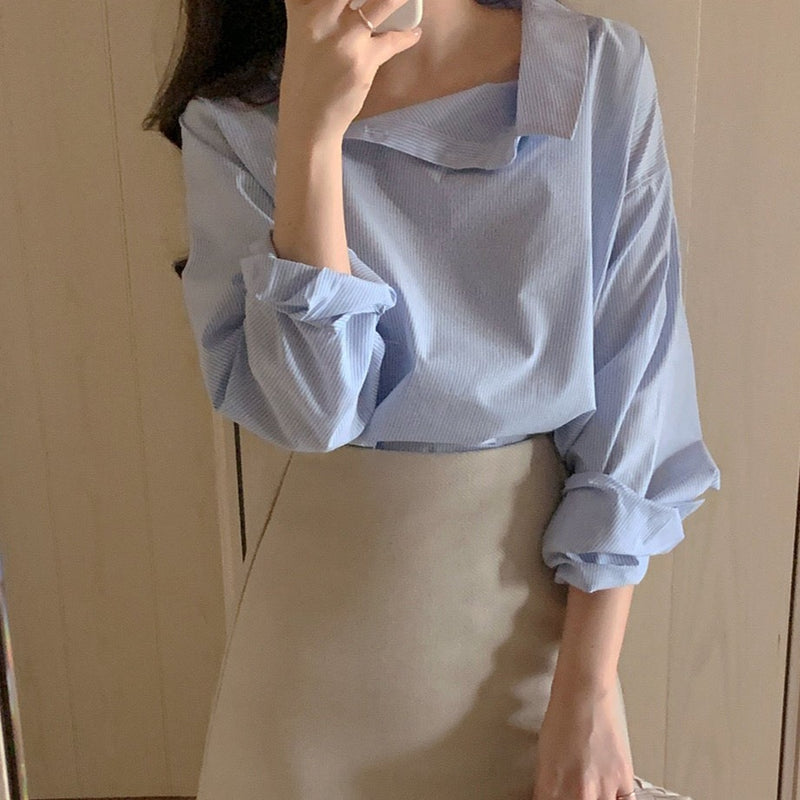 Designer Long Sleeve Asymmetrical Side Button-Up Shirt