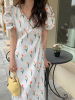 Tulip Print Short Sleeve Double V-Neck Midi Dress