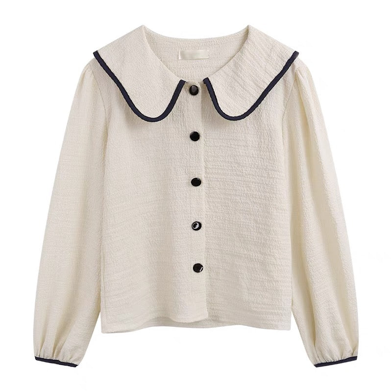 Large Collar Color Contrast Textured Blouse