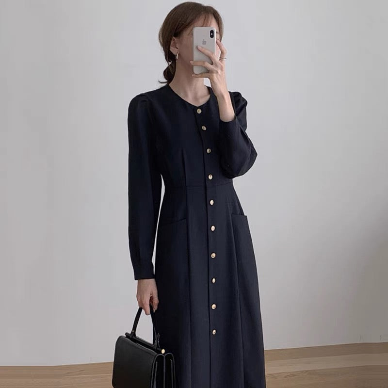 French Elegance Long Sleeve Round Neck Button Down Fitted Midi Dress