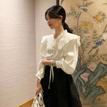 Ruffled Neck Pleated Balloon Sleeve Blouse