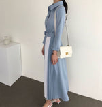 Two Tone Color Block Pleated Long Sleeve Shirt Dress