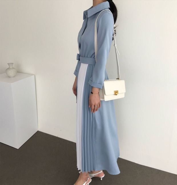 Two Tone Color Block Pleated Long Sleeve Shirt Dress