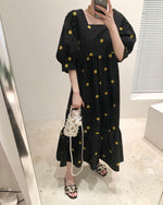 Relaxed Midi Dress with Embroidered Smiley Face