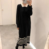 Korean Style White Collar Polo Knitted Dress with Stripes