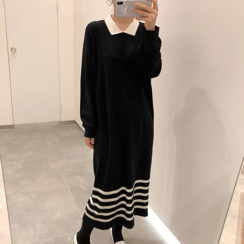 Korean Style White Collar Polo Knitted Dress with Stripes