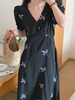 Short Sleeve V-Neck Black Chiffon Dress with Lavender Embroidery