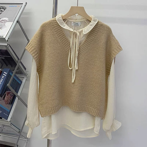 Chiffon Long Sleeve Ruffle Tie Neck Blouse with Knit Vest