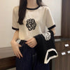 Camellia Flower Color Contrast Soft Knit Short Sleeve Top