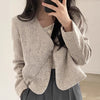 Collarless V-Neck Gray Plaids Tweed Cropped Jacket