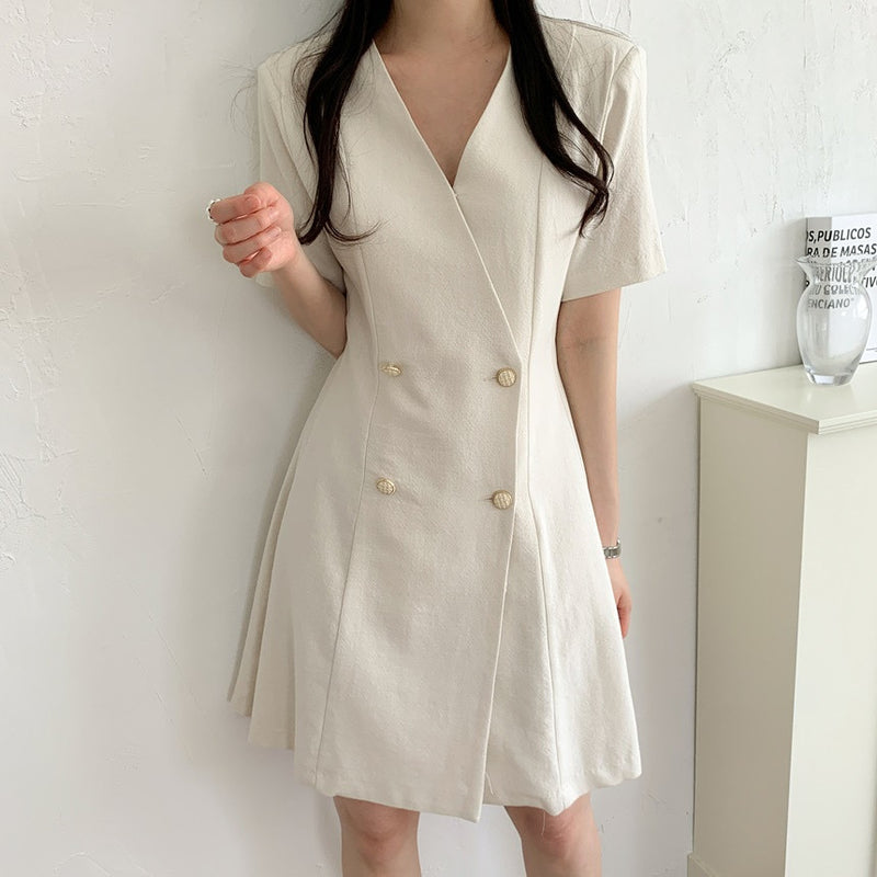 V-Neck Double-Breasted Short Sleeve Dress