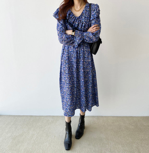 Long Sleeve V-Neck Floral Dress with Cross-Over Ruffles