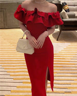 Ruffled Drop Shoulder Red Dress