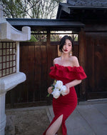 Ruffled Drop Shoulder Red Dress