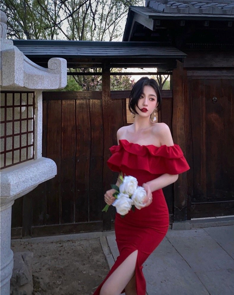 Ruffled Drop Shoulder Red Dress