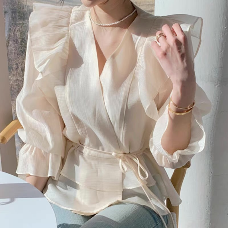 Long Sleeve Belted Chiffon Blouse with Ruffled Shoulder and Hems