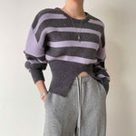 Round Neck Drop Shoulder Stripe Sweater with Gathered Waist and Slit