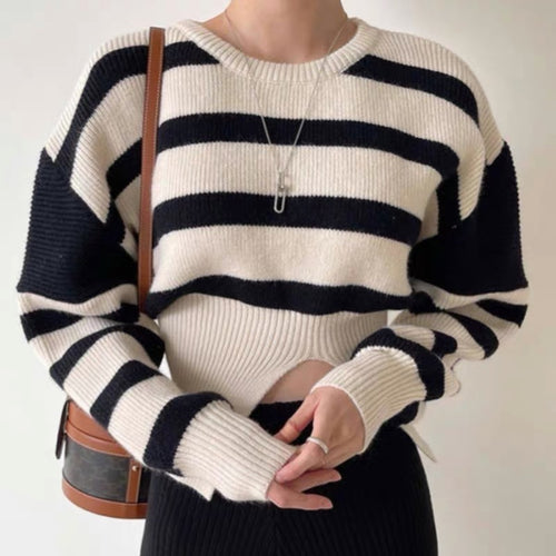 Round Neck Drop Shoulder Stripe Sweater with Gathered Waist and Slit