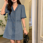 Short Sleeve V-Neck Blue Patterned Tweed A-Line Mini Dress