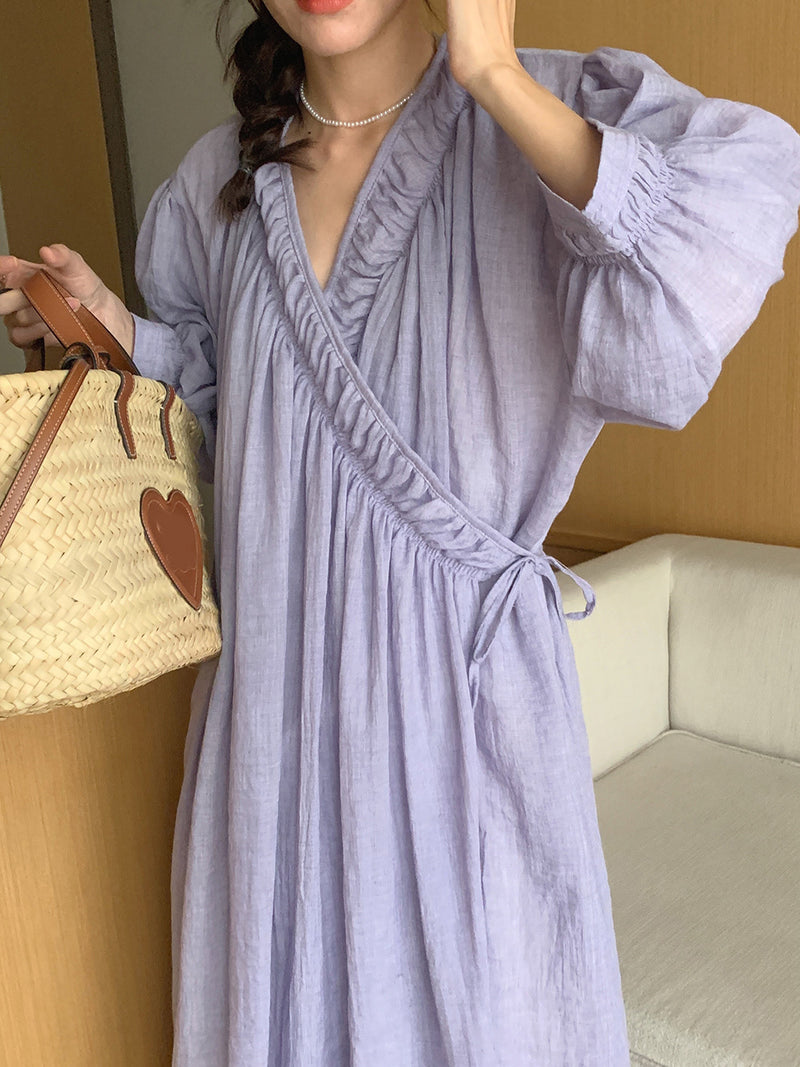 Cloud Touch Loose Fitting Cross Over Wrap Midi Dress