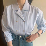 Blue Stripe Double Breasted Cotton Blouse