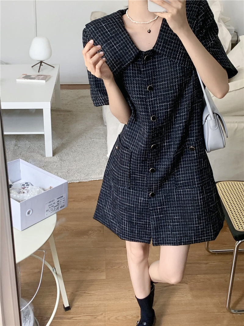 Short Sleeve Plaid Tweed Shift Dress with Oversized Collar