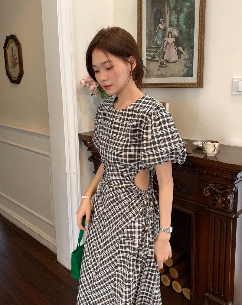 Gingham Midi Dress with Waist Cut Outs