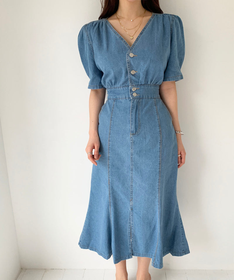 Denim V-Neck Fishtail Dress