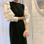 Round Neck Color Contrast Belted Knit Dress with Balloon Shirt Sleeves