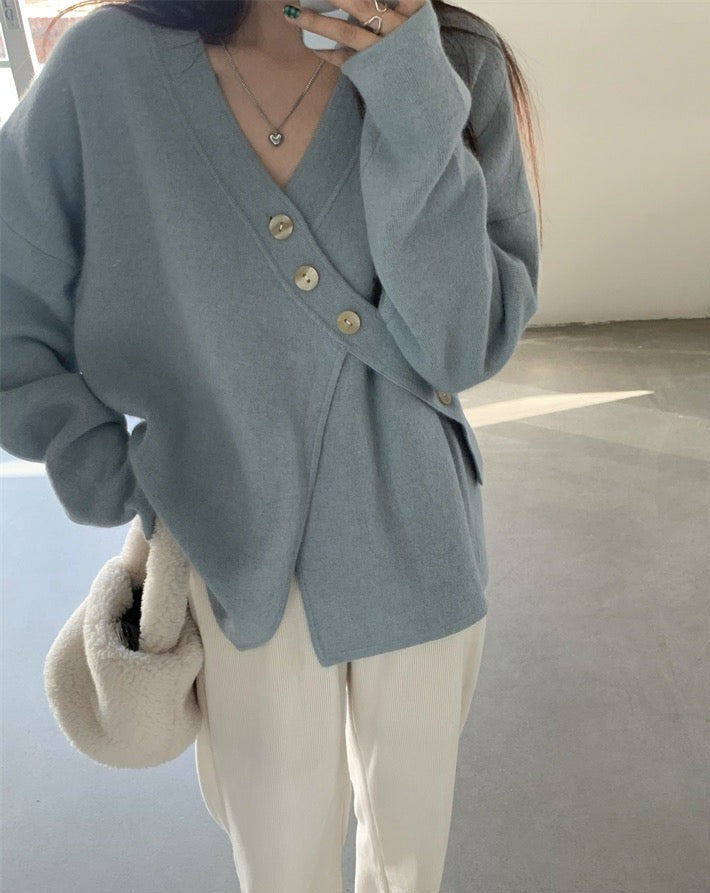 Soft Knit Designer V-Neck Side Button Sweater