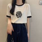 Camellia Flower Color Contrast Soft Knit Short Sleeve Top