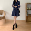 Classic Dark Blue Houndstooth Buttoned Knit Dress