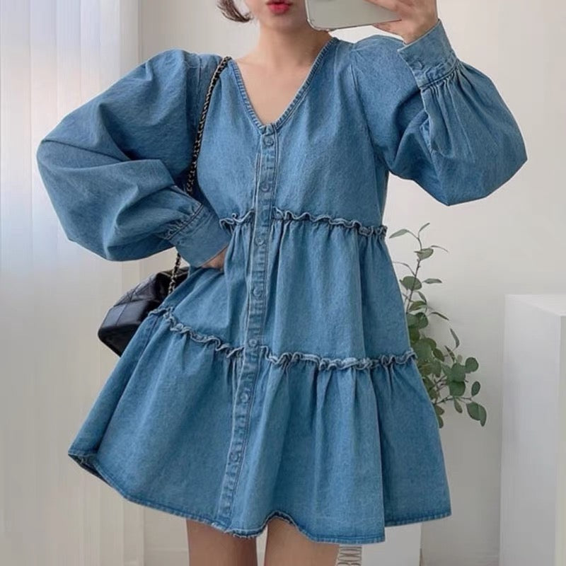 Denim Babydoll Tiered Dress